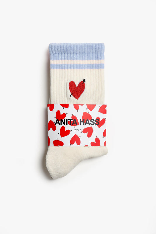 Heart Sports Socks in Off-White/Light Blue by Anita Hass - Anita Hass