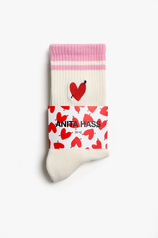 Heart Sports Socks in Off-White/Pink by Anita Hass - Anita Hass