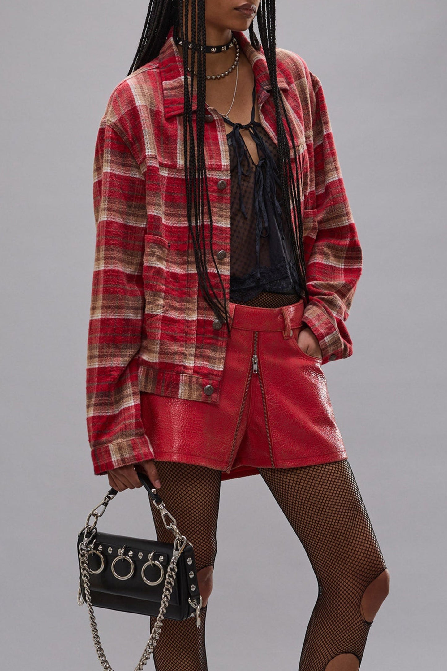 Pleated Trucker Jacket in Red Plaid R13 - Anita Hass