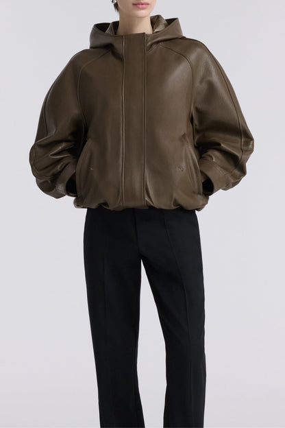 Hood leather jacket in army green