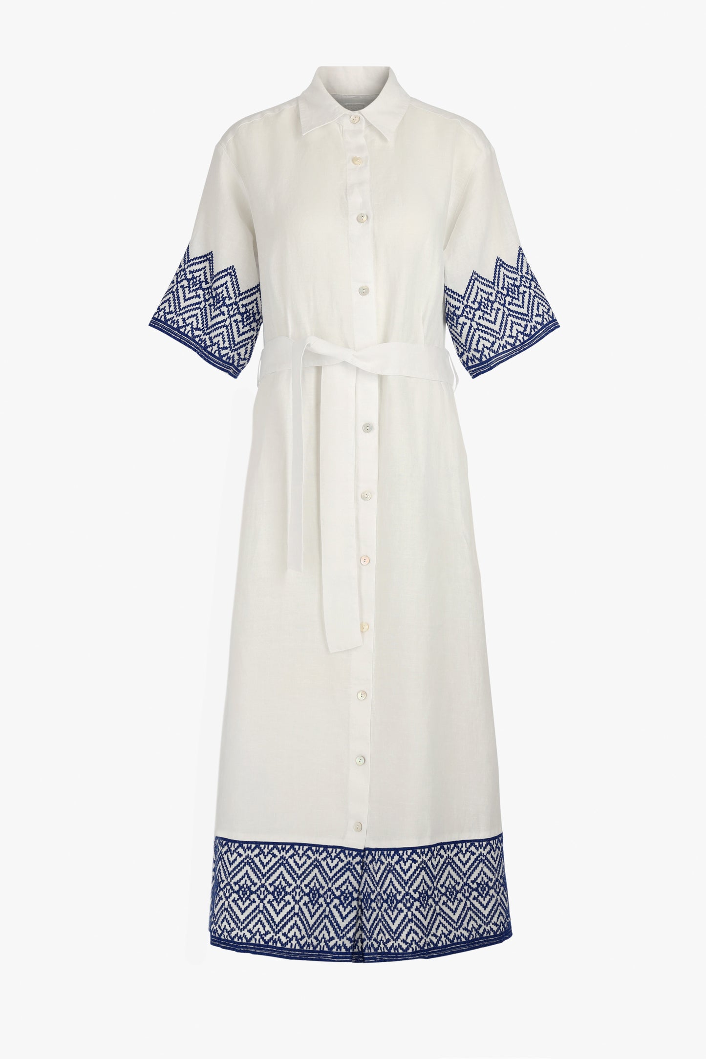 Belted Dress in White/Navy Blue, 120% Lino - Anita Hass
