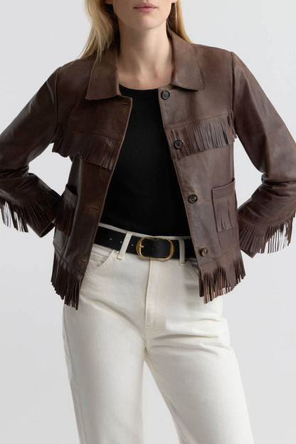 Lazare Fringe leather jacket in Dark Brown