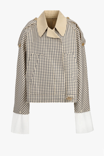 Bomber trench jacket in beige/blue check