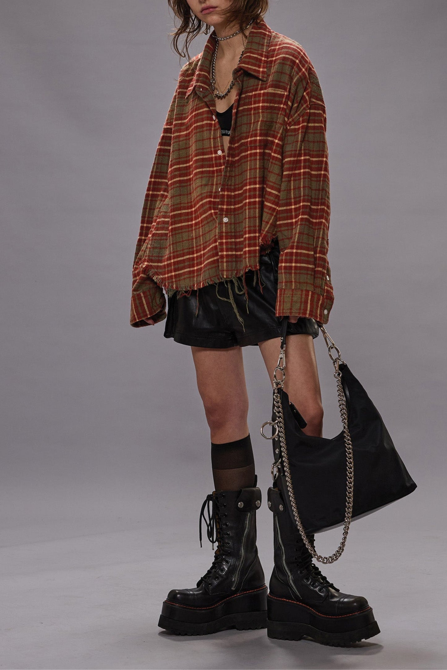 Bluse Drop Neck Cropped in Brown PlaidR13 - Anita Hass