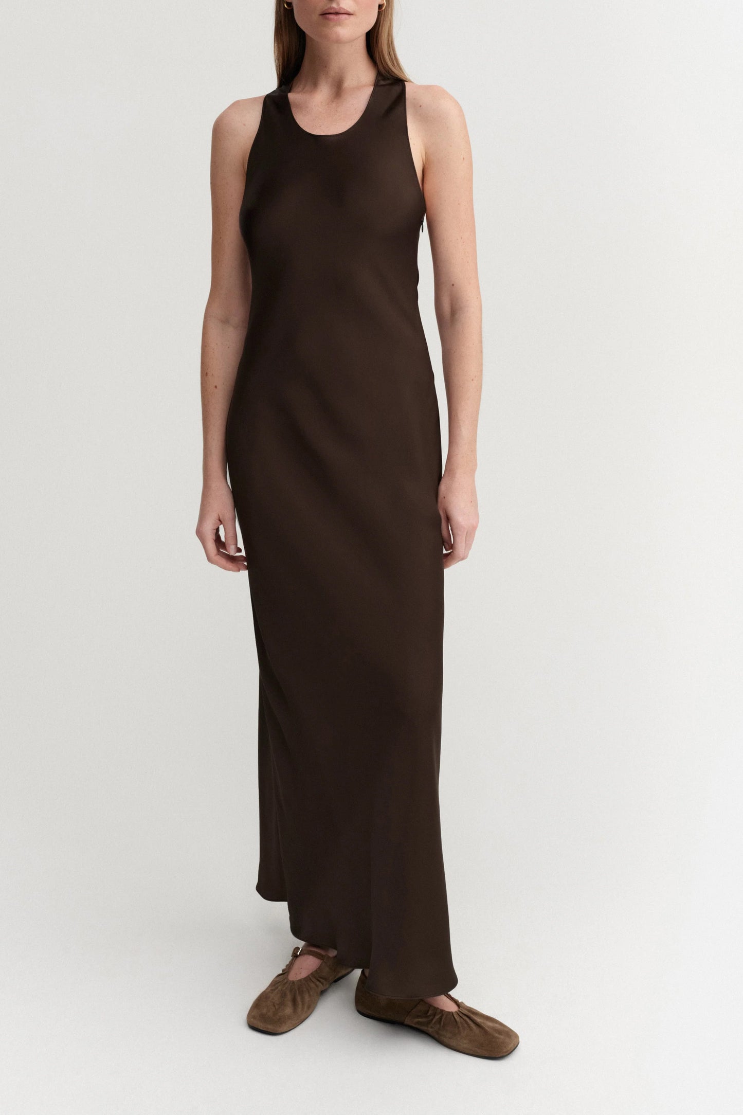 Zila Satin Dress in Chocolate by Almada Label - Anita Hass