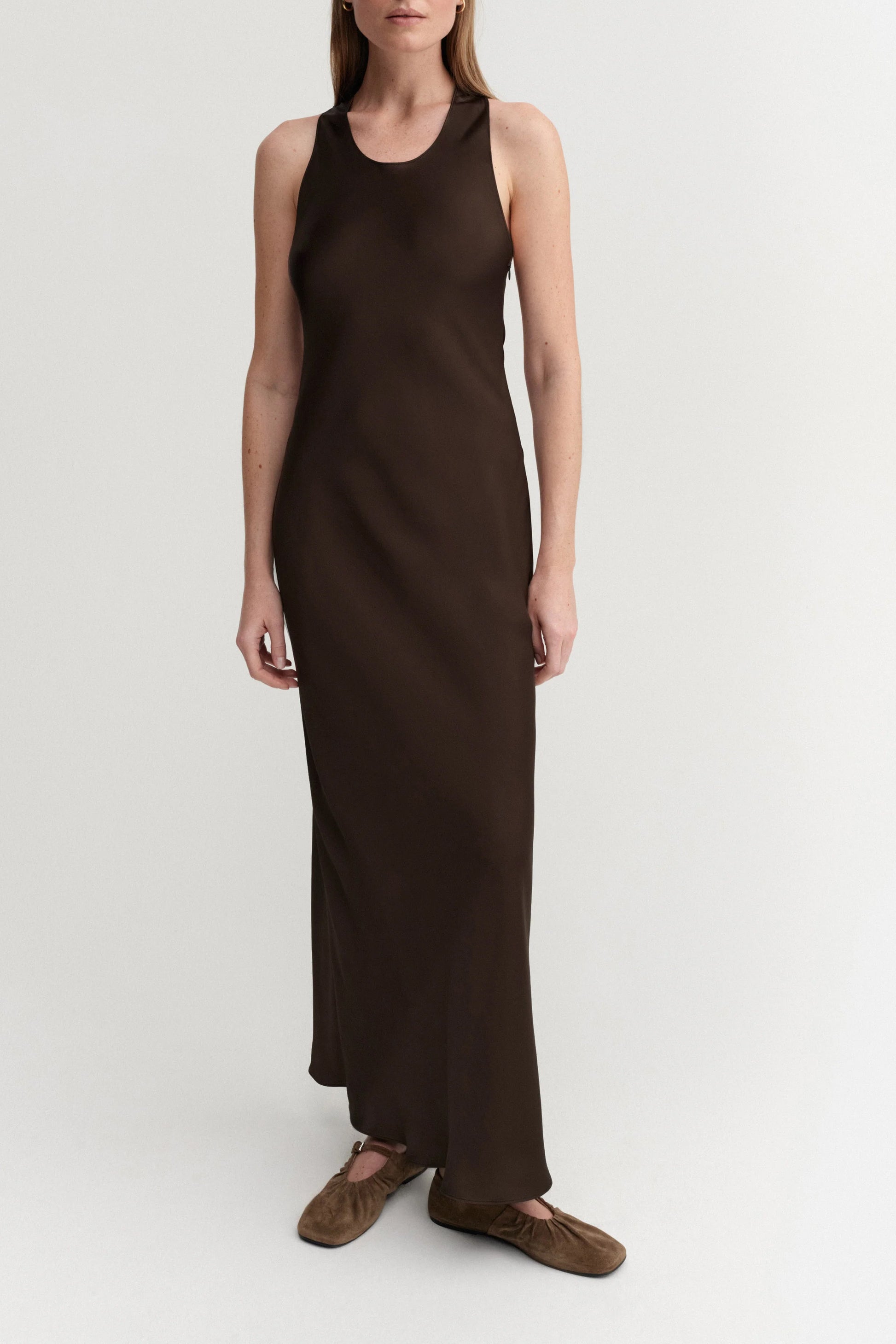 Zila Satin Dress in Chocolate by Almada Label - Anita Hass