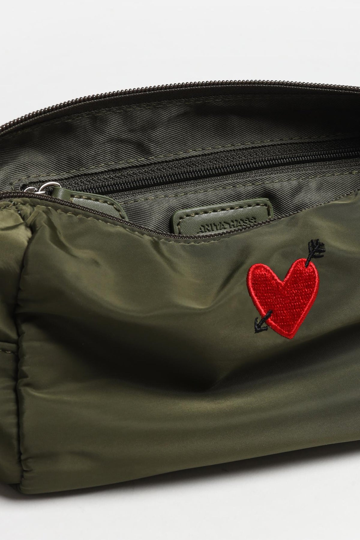"Heart" Large Pouch in Olive Nylon by Anita Hass - Anita Hass