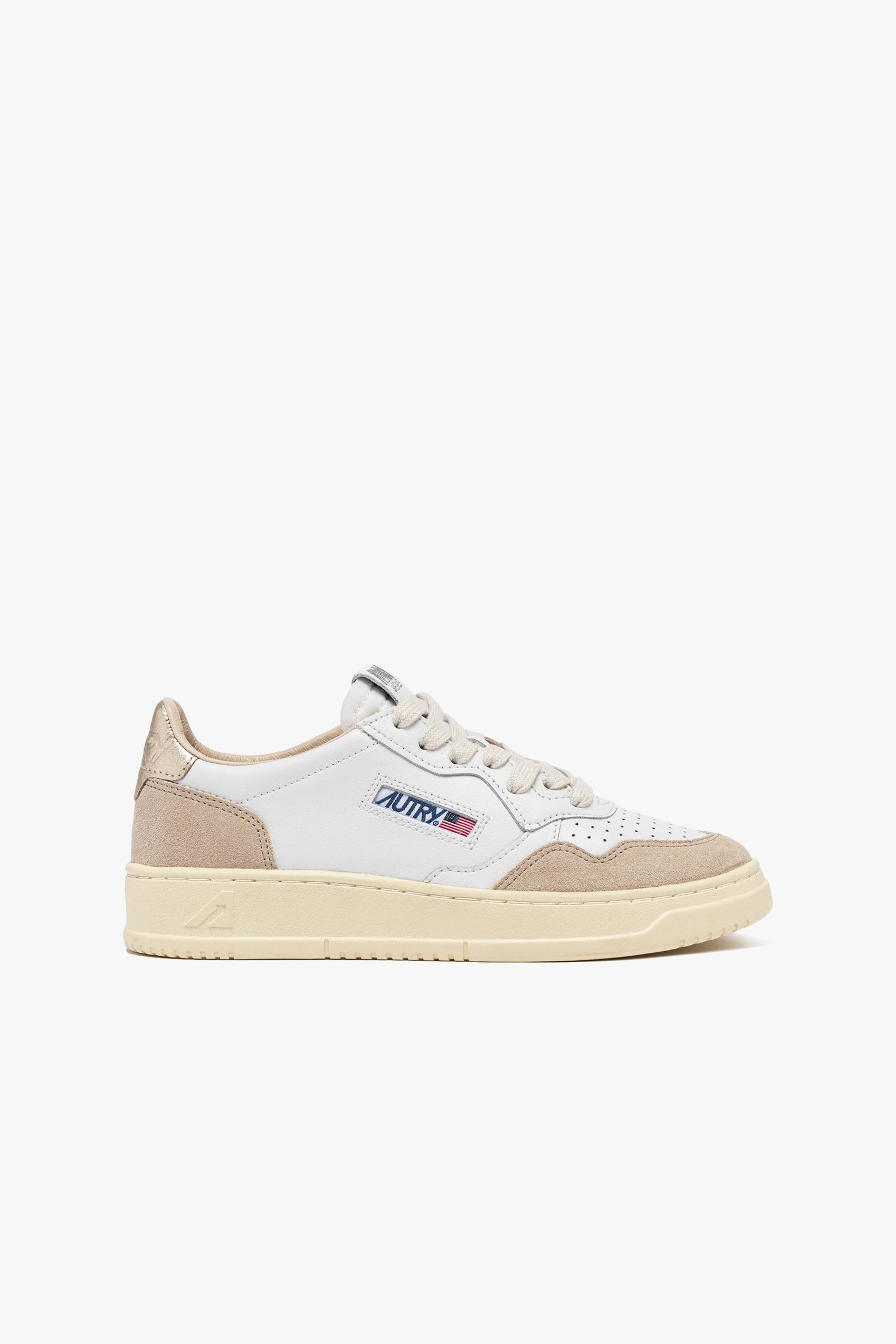 Sneaker Medalist in White/Gold/Beige Suede Autry