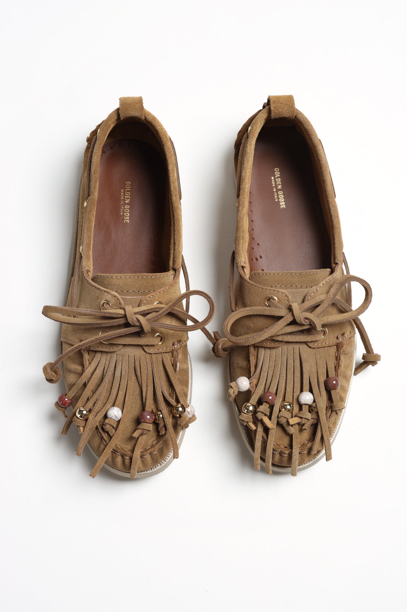 Fringes Boat Shoes in Camel by Golden Goose - Anita Hass
