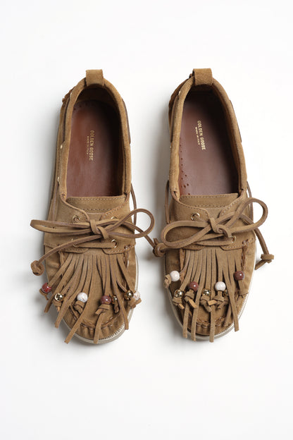 Fringes Boat Shoes in Camel by Golden Goose - Anita Hass