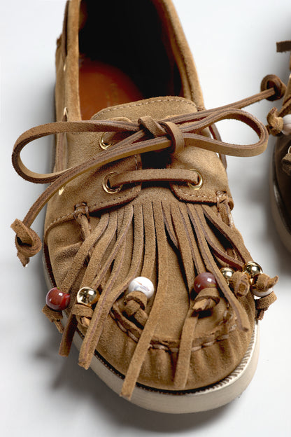 Fringes Boat Shoes in Camel by Golden Goose - Anita Hass