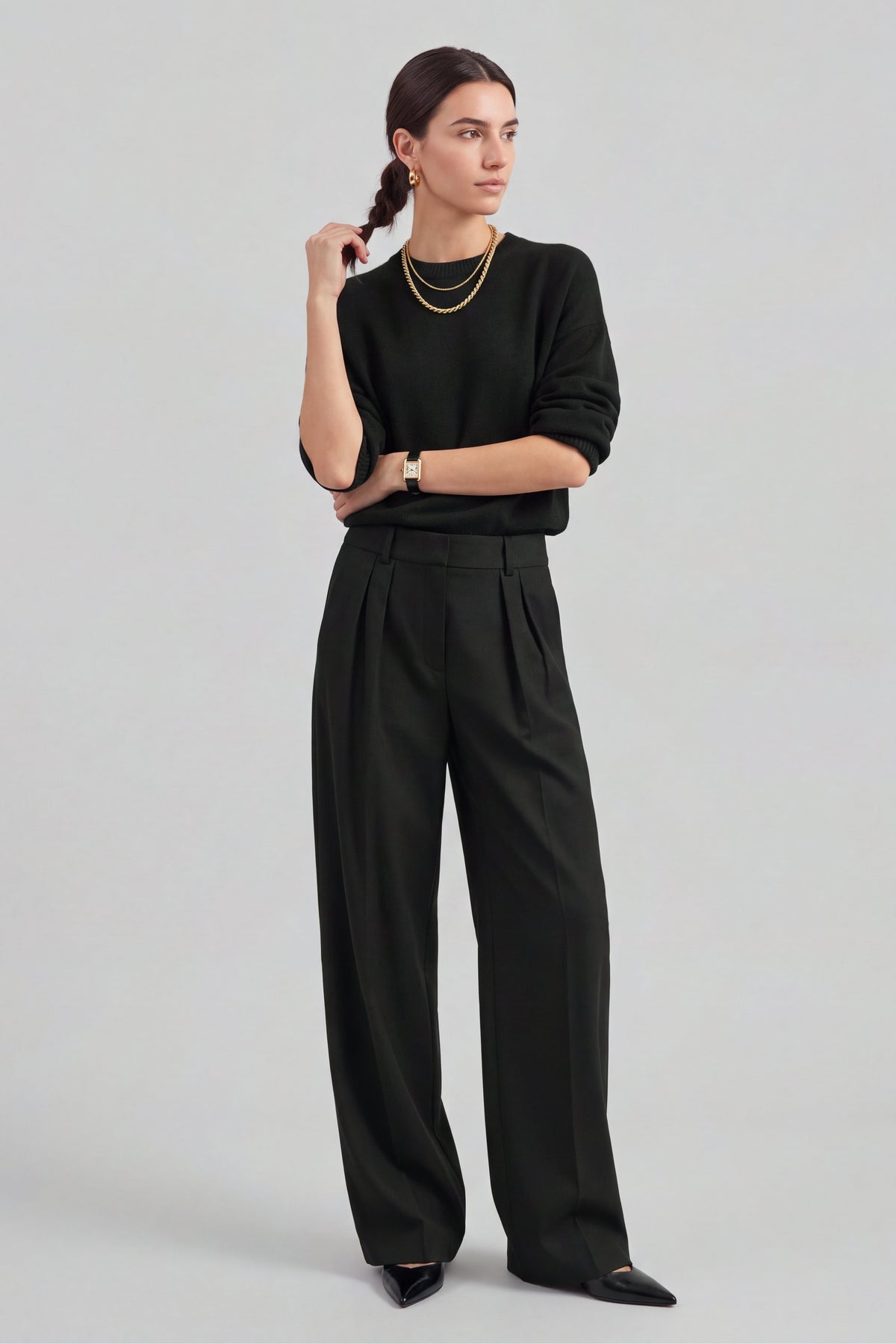 Hose Gallery in Schwarz Ladneri – Model ist 1,78 m groß und trägt Gr. S