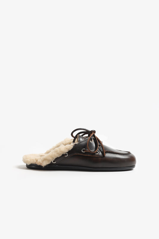 Mules Boat Fur in Coffee