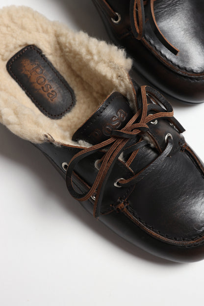 Mules Boat Fur in Coffee