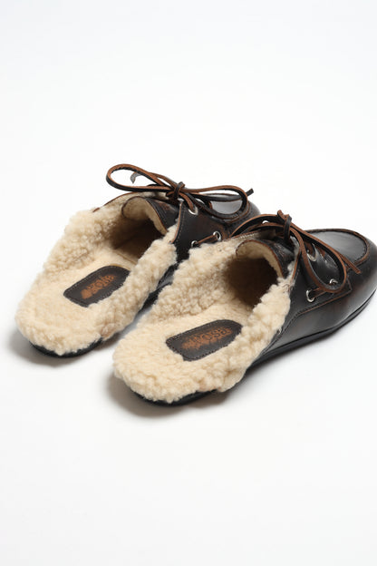 Mules Boat Fur in Coffee
