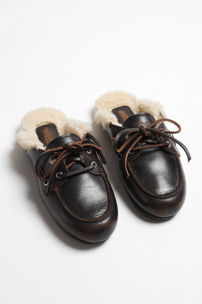 Mules Boat Fur in Coffee
