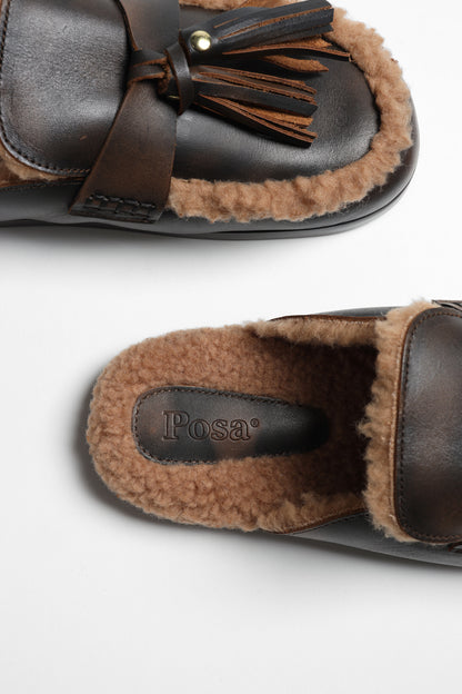 Mules Ranch Tassel Fur in Coffee Posa