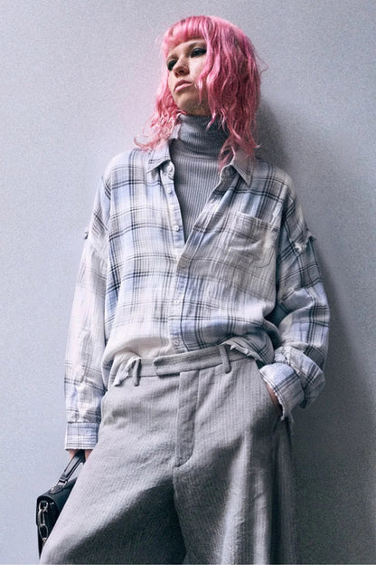 Bluse Shredded Seam in Blue Plaid R13