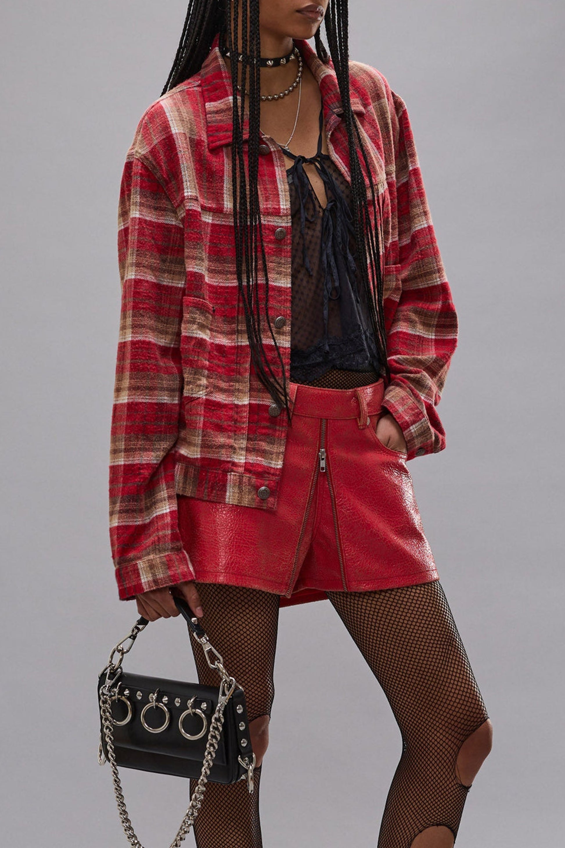 Pleated Trucker Jacket in Red Plaid R13 - Anita Hass