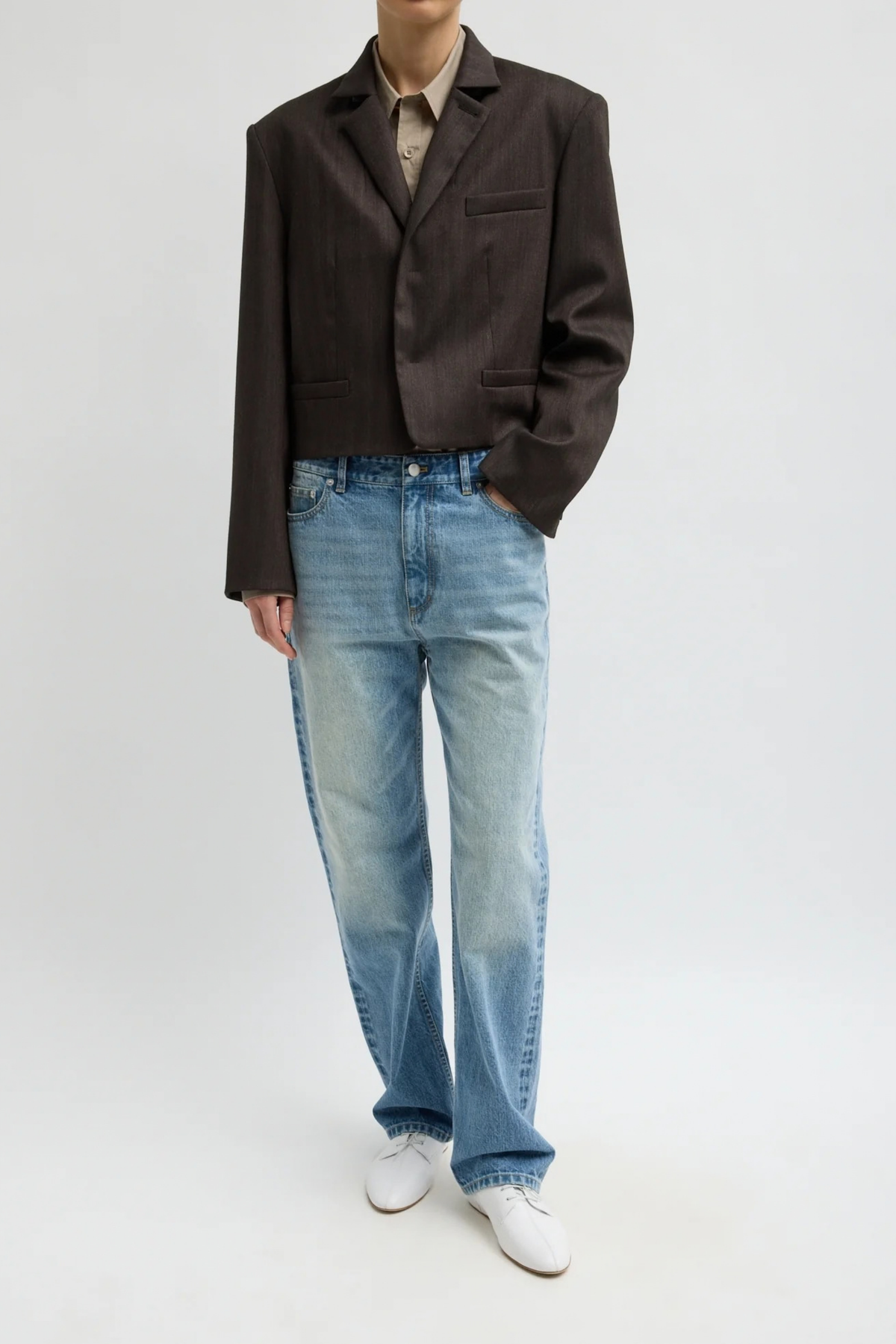 Blazer Cropped in Herringbone Brown Tibi