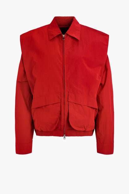 Red Nylon Snap Bomber Jacket