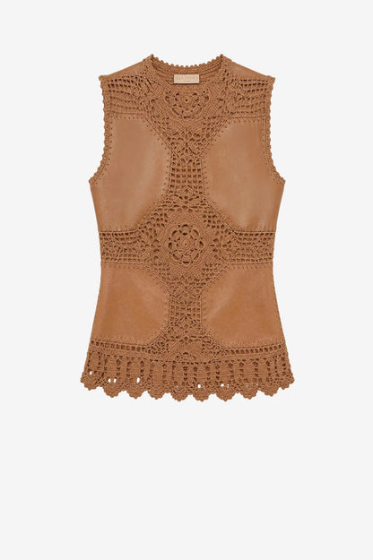 Livia Crochet Leather Top in Camel
