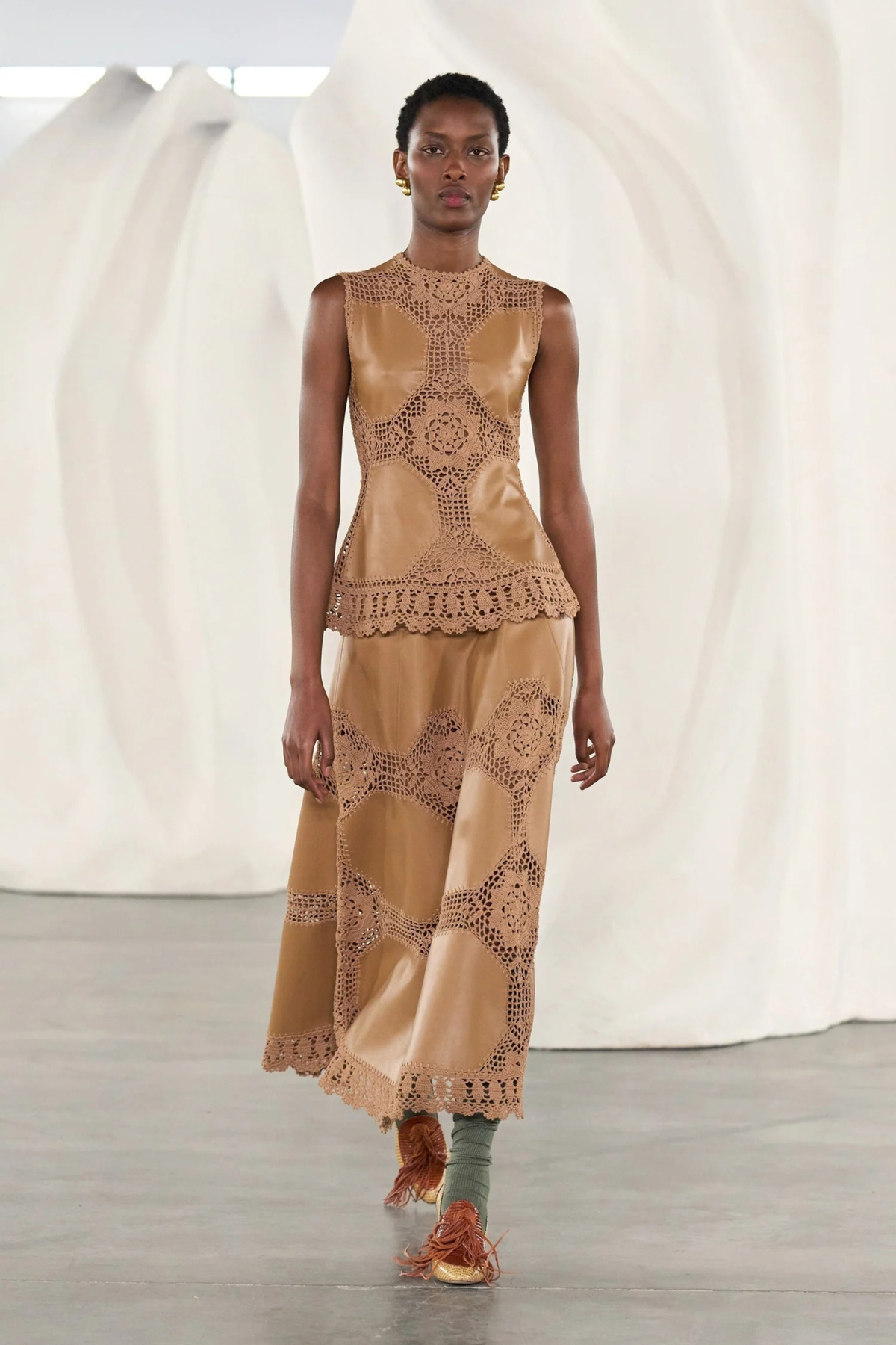 Livia Crochet Leather Top in Camel