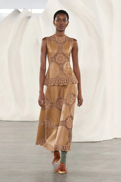 Livia Crochet Leather Top in Camel