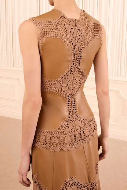 Livia Crochet Leather Top in Camel