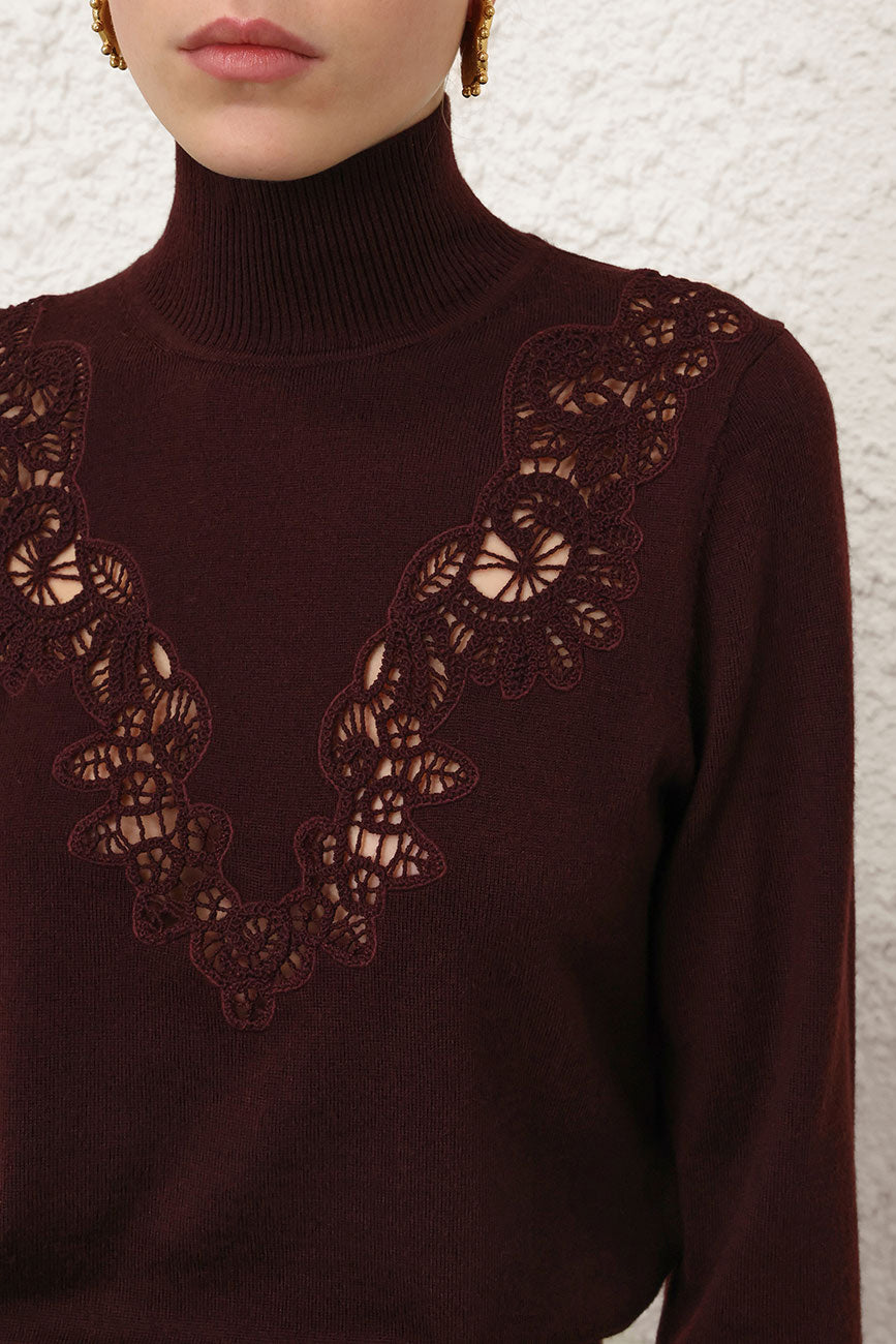 Valiant Lace Sweater in Mahogany